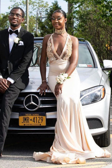 HALTER DEEP V-NECK MERMAID EVENING DRESS APPLIQUES PROM DRESS HZ1023